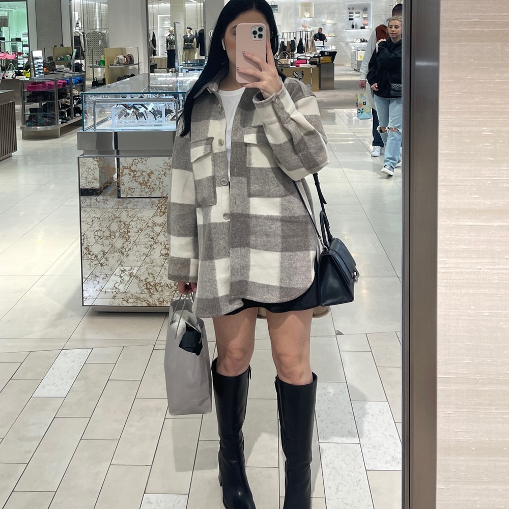 H&M Neutral Plaid Shacket in Cream and Taupe